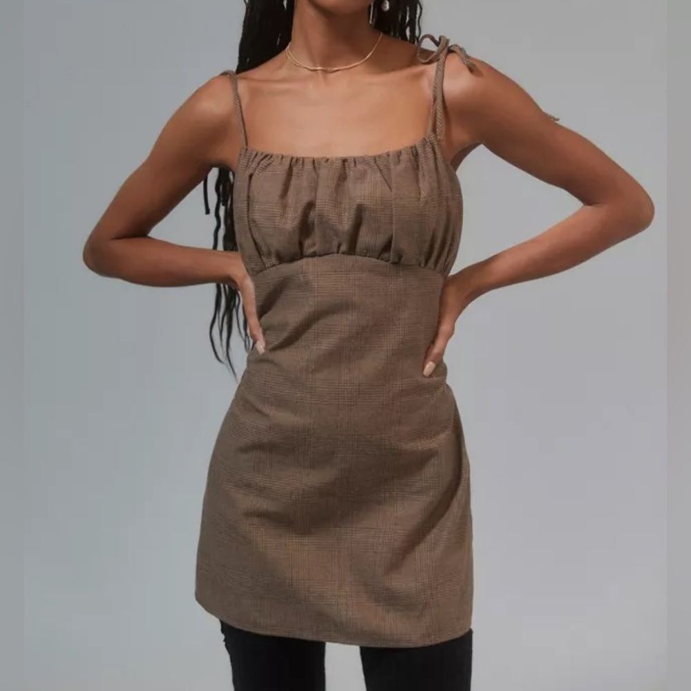 Urban Renewal Remnants Brown Plaid Ruched Mini Dress Urban Outfitters SZ L